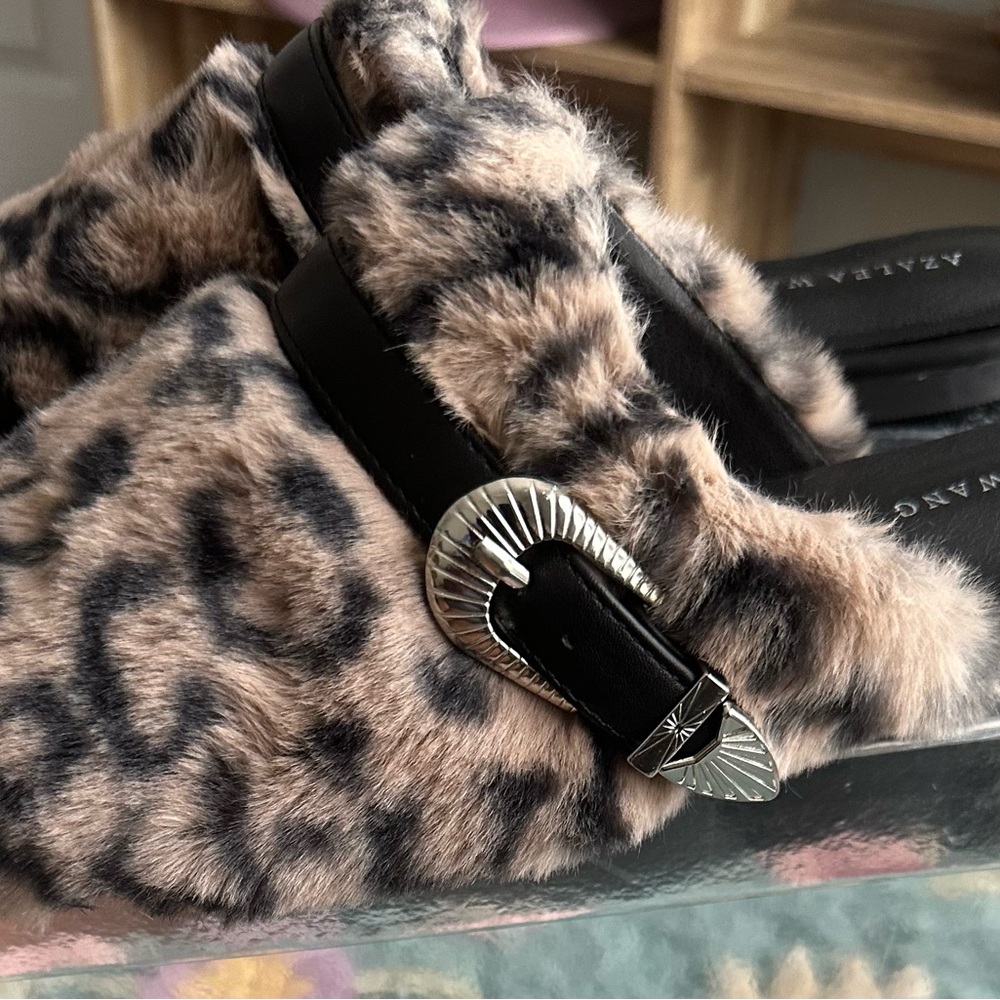 Faux Fur Leopard Print Mules with Silver Buckle